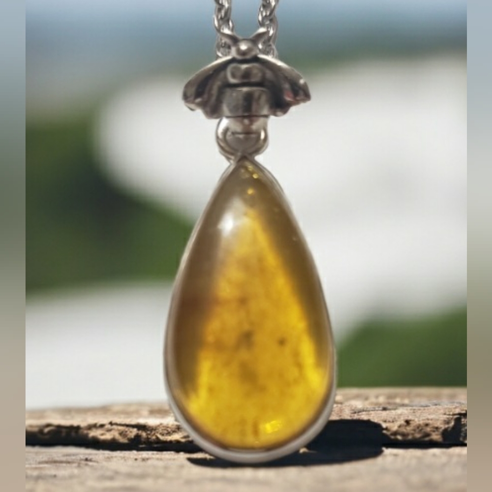 Genuine Amber Bee Pendant Necklace ~ 925 Silver